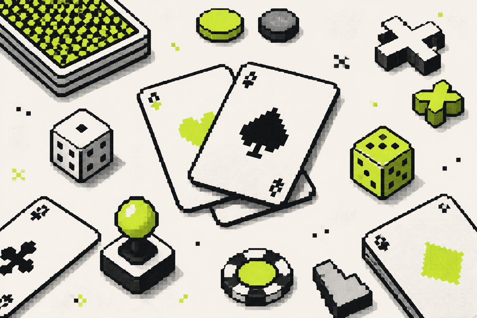 Pixel-art still life of cards, dice and arcade tokens on a light desk